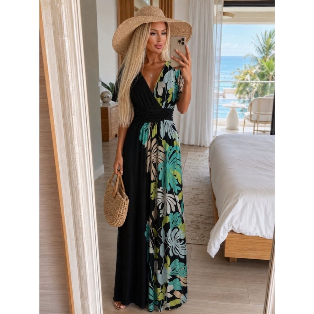 Maggy L  Black Floral Maxi Dress Ruched Waist Surplice V Neck Flutter Sleeves 8